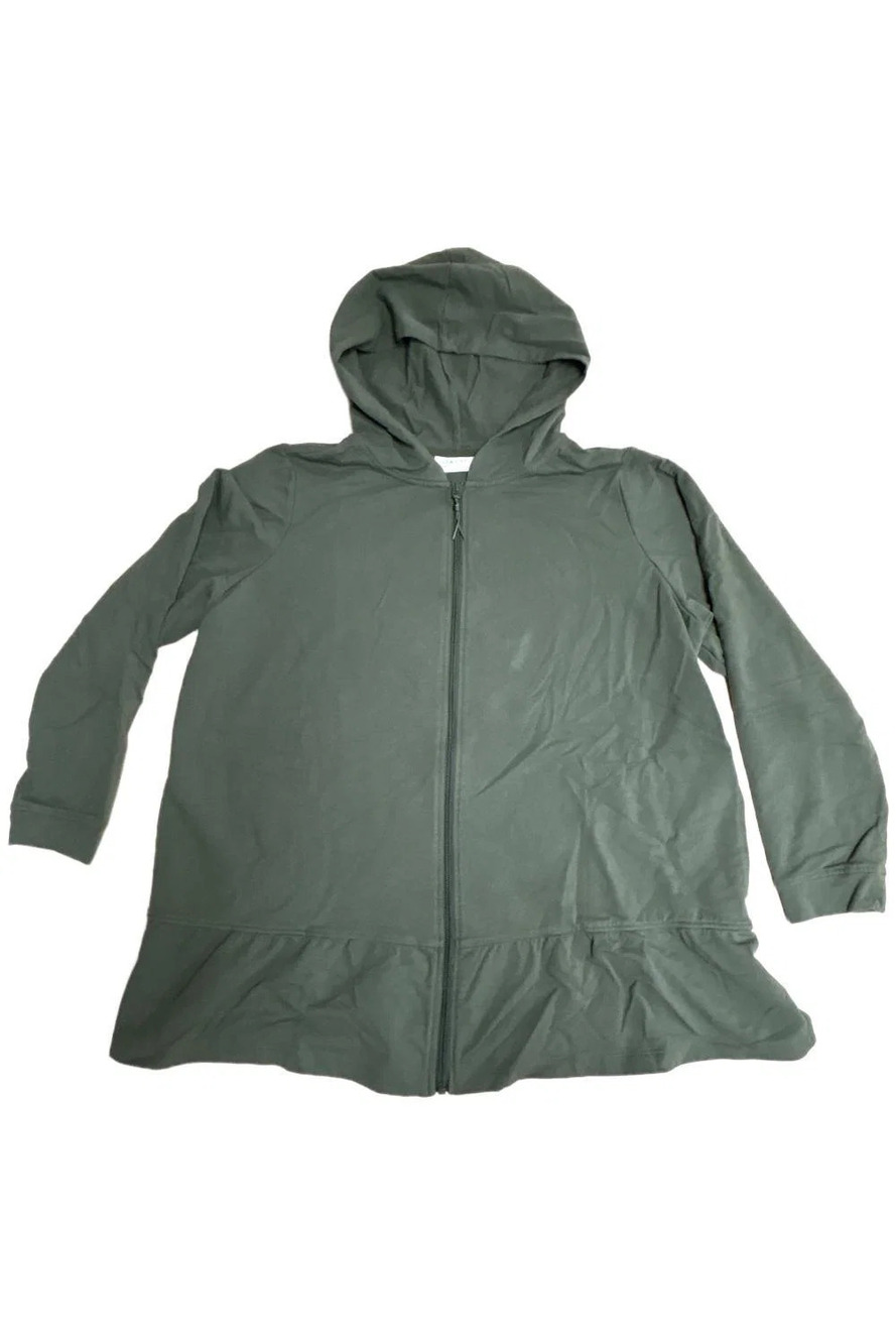 Denim & Co. Reg Active French Terry Hooded Tunic w/ Flounce Drk Olive - Petite